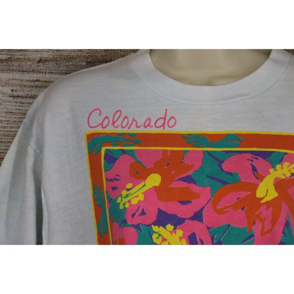 VINTAGE Peacock Papers Boston Womens Size Large Graphic Crew Neck T-Shirt Neon - Picture 3 of 8